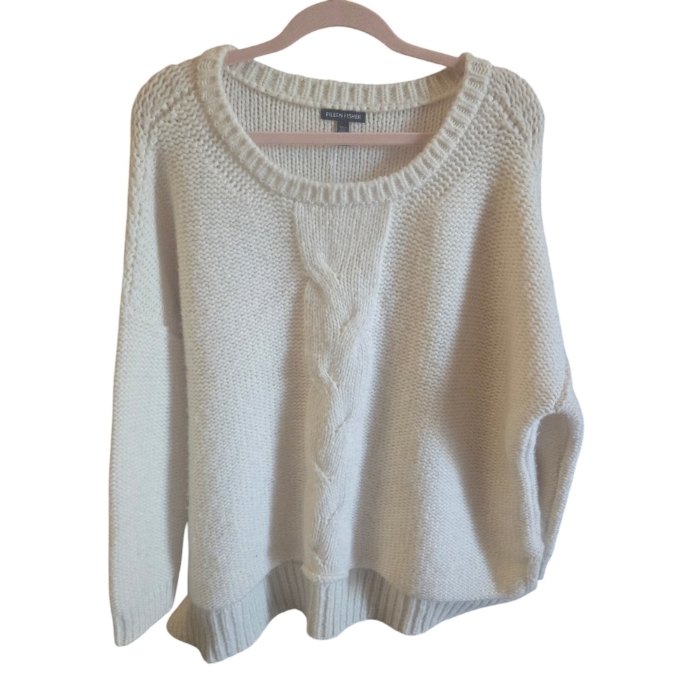 Eileen Fisher Oversized Baby Alpaca Sweater Cream  Cable Knit Pattern Size XL